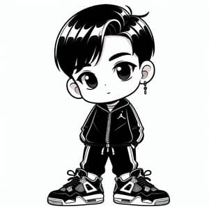 Cartoon-Style Boy in Black Track Suit with Jordan 4 Sneakers