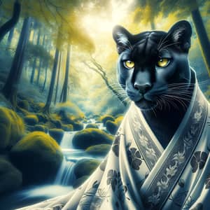 Magnificent Black Puma in Tranquil Forest - Japanese Kimono Inspired