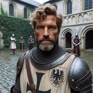 Medieval Knight with Templar Insignia in Castle Courtyard