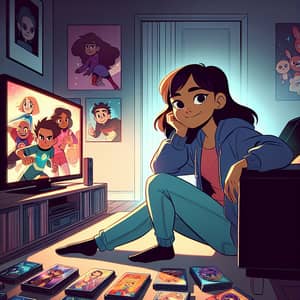 Mixed-Race Young Girl in Cozy Anime Room Illustration
