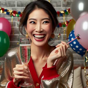 Asian Woman Celebrating with Sparkling Drink | Festive Party Joy