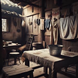 Traditional Rural House in China: Tablecloth, Steel Bucket, and Dirty Clothes