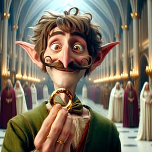 Quirky Elf in Rivendell Holding Golden Ring - Humorous Character