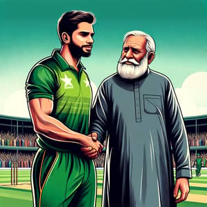 Mid-Aged Man in Green Cricket Uniform Shaking Hands | Cricket Ground Scene