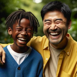Joyful South Asian Man Laughing with Black Boy Outdoors