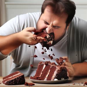 Indulgent man enjoys chocolate cake | Cake glutton in action