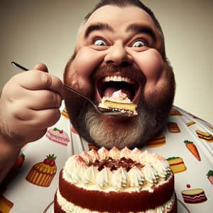 Delightful Plus-Sized Man Enjoying Three-Tiered Cake | Laughing Scene