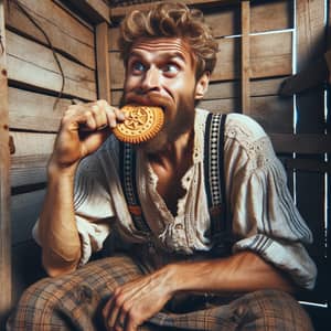 Rustic Caucasian Individual Sitting in Outhouse with Historical Symbol Biscuit