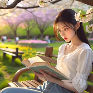 18-Year-Old Chinese Girl Reading in Blossoming Park