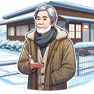 Asian Elderly Man Outside Snow-Covered House | Winter Illustration