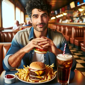 Casual Middle-Eastern Man Enjoying Cheeseburger in Diner