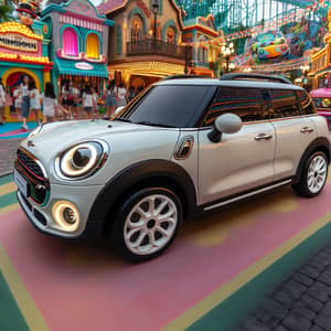 White Compact SUV in Lively Theme Park Setting | Amusement Park