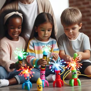 Diverse Kids Playing with Colorful Light-Up Toys