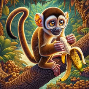 Agile Monkey Enjoying a Ripe Banana in Vibrant Jungle Scene