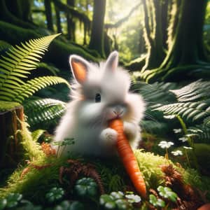 Fluffy White Rabbit Munching on Carrot in Enchanted Forest