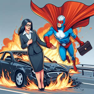 Superman Rescues Businesswoman from Flames in Roadway Accident