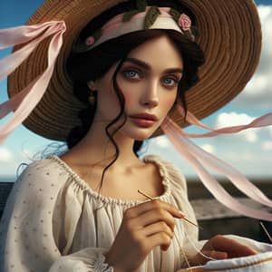 Captivating Woman on Bench with Straw Hat and Embroidery