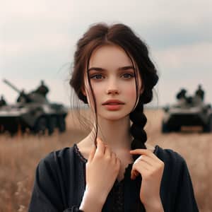 Beautiful Ukrainian Girl with Dark Hair Singing in Field