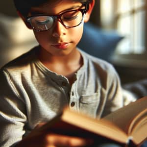 Young Hispanic Boy Reading a Book with Glasses