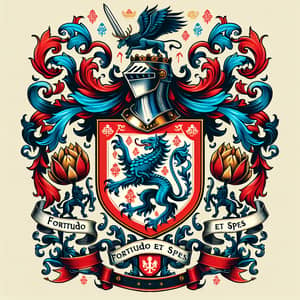 Intricate Family Crest with Blue Dragon, Golden Tulips, Stag, Lion and Latin Motto