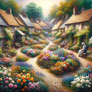 Quaint Village with Colorful Flower Bed | Serene Village Scene