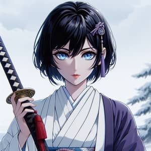 Anime Portrait of Young Woman with Bob Haircut and Katana Sword