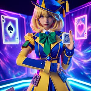 Futuristic Duelist Girl in Yellow & Blue Costume with Deck of Cards