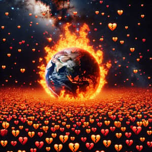 Flaming Earth Surrounded by Broken Heart Emojis in Cosmic Space