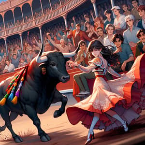 Female Matador Engages Fierce Bull in Traditional Arena