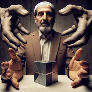 Middle-Eastern Man, 50, Stone Hands, Seated on Cube - Fear vs Calm