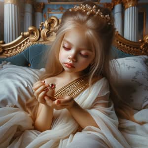 Serene Little Girl in Greek Toga with Jewel on Regal Bed