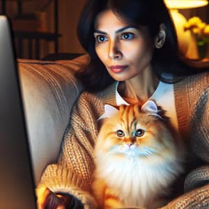 Serious South Asian Woman with Cat on Plush Couch | Website