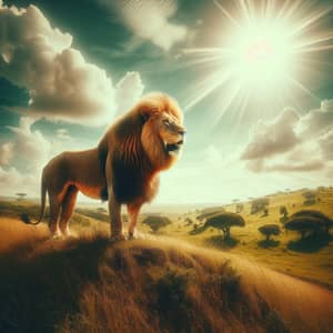 Majestic Lion on Grass Hill | Serene Natural Landscape