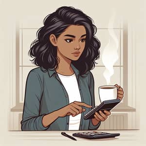 Diverse Woman Using Digital Calculator with Coffee