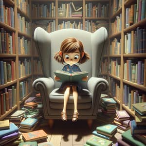 Whimsical Young Girl Reading in Enchanting Library