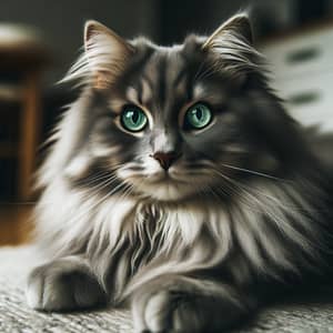 Regal Grey Fluffy Cat with Emerald Green Eyes