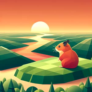 Twilight Scene with Red Hamster on Verdant Hill