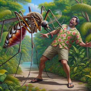 Gigantic Mosquito Lifting Frightened Man | Tropical Island Scene