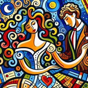 Curly-Haired Woman and Man Artwork in Primitivism Style