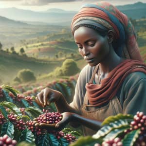 Ethiopian Woman Coffee Farmer Harvesting in Lush Landscape
