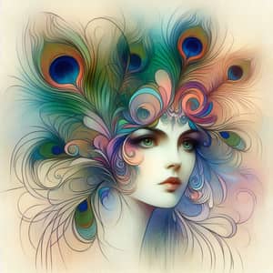 Whimsical Woman Portrait: Art Nouveau-Inspired Peacock Feathers