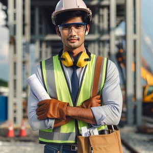 South Asian Male Construction Worker with Hardhat and Blueprints