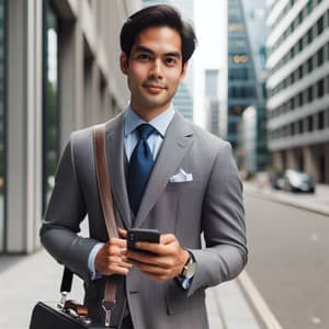South Asian Businessman in Gray Suit and Blue Tie with Briefcase and Smartphone