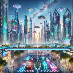Futuristic City with Skyscrapers and Hover Vehicles