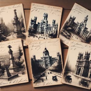 Handwritten Postcards on Vintage Paper with Madrid Landmarks Sketches