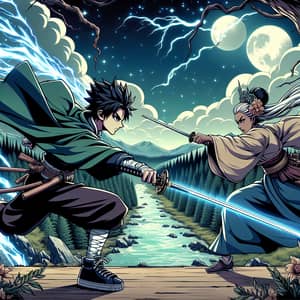 Dynamic Anime Scene: Intense Sword Battle in Stunning Landscapes