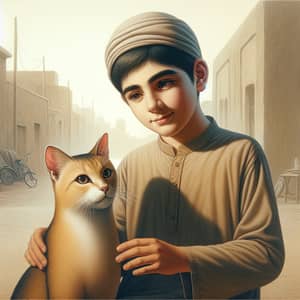 Middle-Eastern Boy and Cat: Calm Moment of Connection
