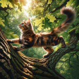 Furry Cat Jumping on Oak Tree | Nature Scene