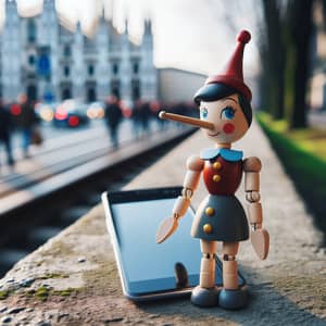 Small Wooden Female Pinocchio Puppet in City