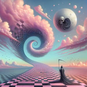 Pastel Sky with Checkered Path and Floating Sphere